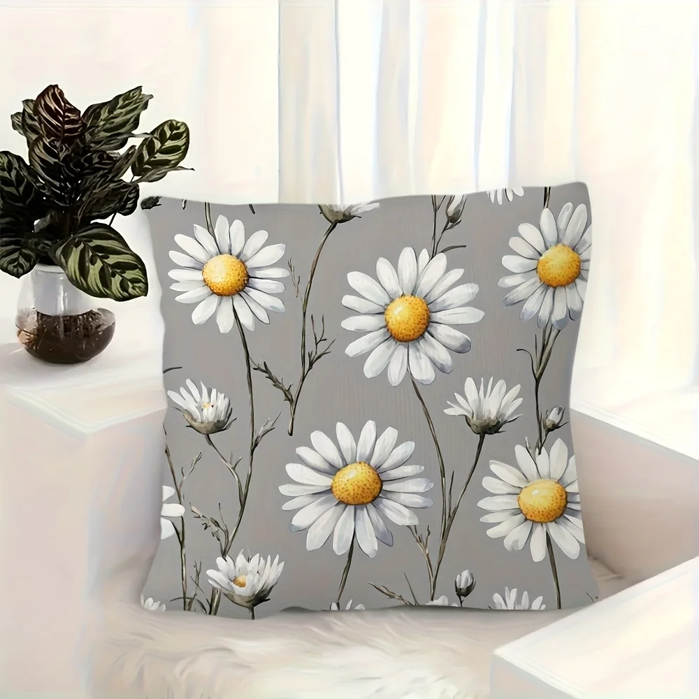 White daisy and gray leaf patterned throw pillowcase, suitable for beds, sofas, and cars. Pillow insert not included.