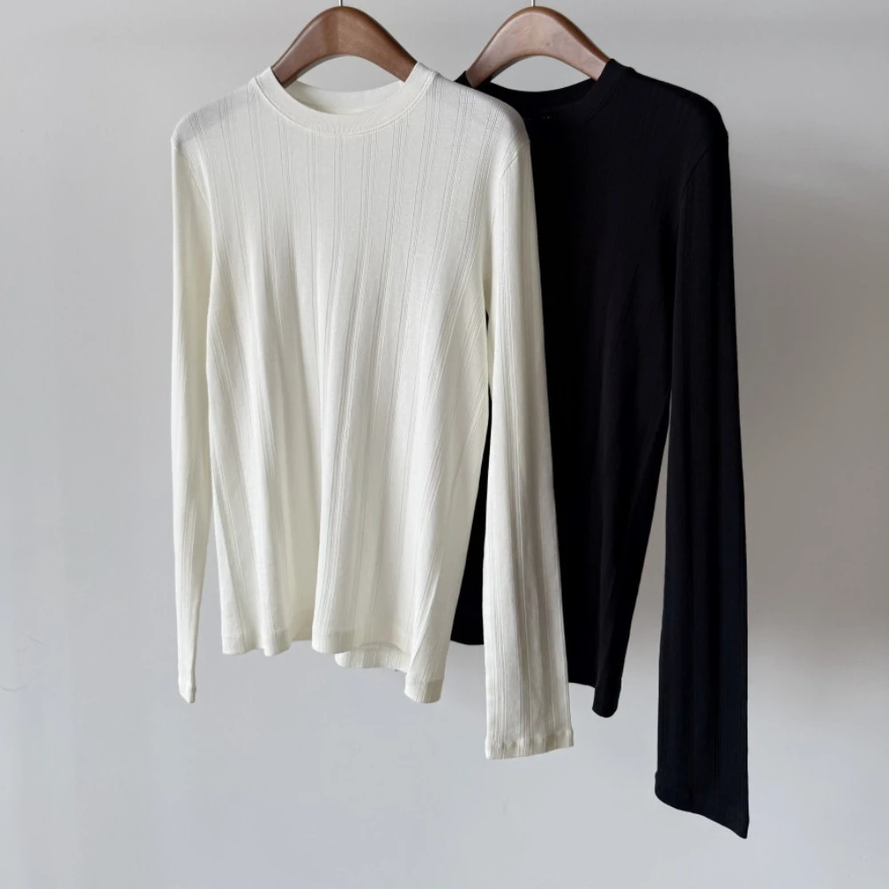 Early Autumn Lightweight Ribbed Knit Long-Sleeve Crew-Neck Base Layer T-Shirt