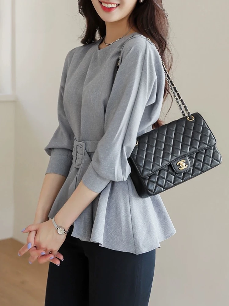 ADAgirl Gray Shirts for Women Elegant Half Sleeve Blouse Female Spring Summer Korean Fashion Office Lady Irregular Pleated Tops