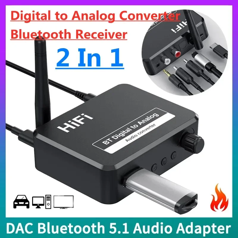 

DAC Bluetooth 5.1 Audio Receiver Digital to Analog Converter 3.5mm AUX RCA L/R U-Disk Optical Stereo Hifi 2 in1 Wireless Adadper