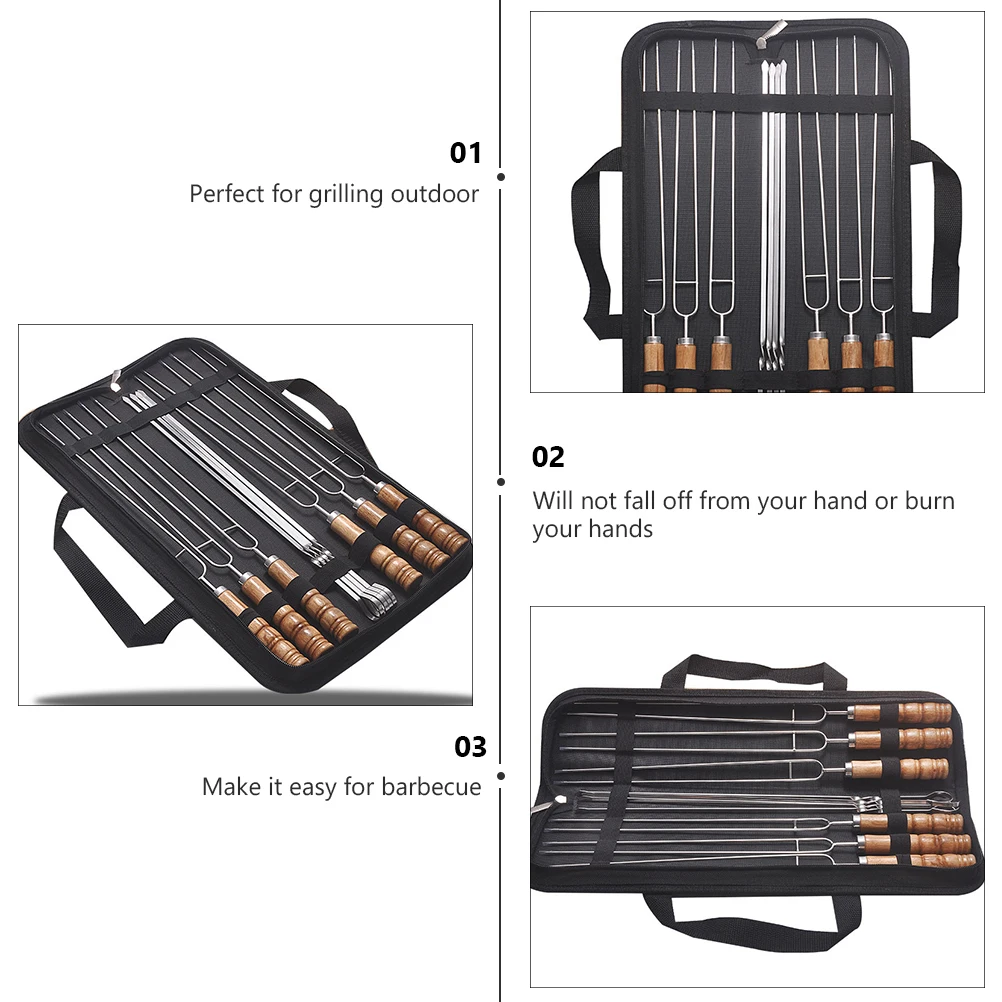 

10Pcs Stainless Steel BBQ Skewer Wood H Grilling Tools Metal Sticks Durable Family Dinner Parties Outdoor Barbecue Kitchen