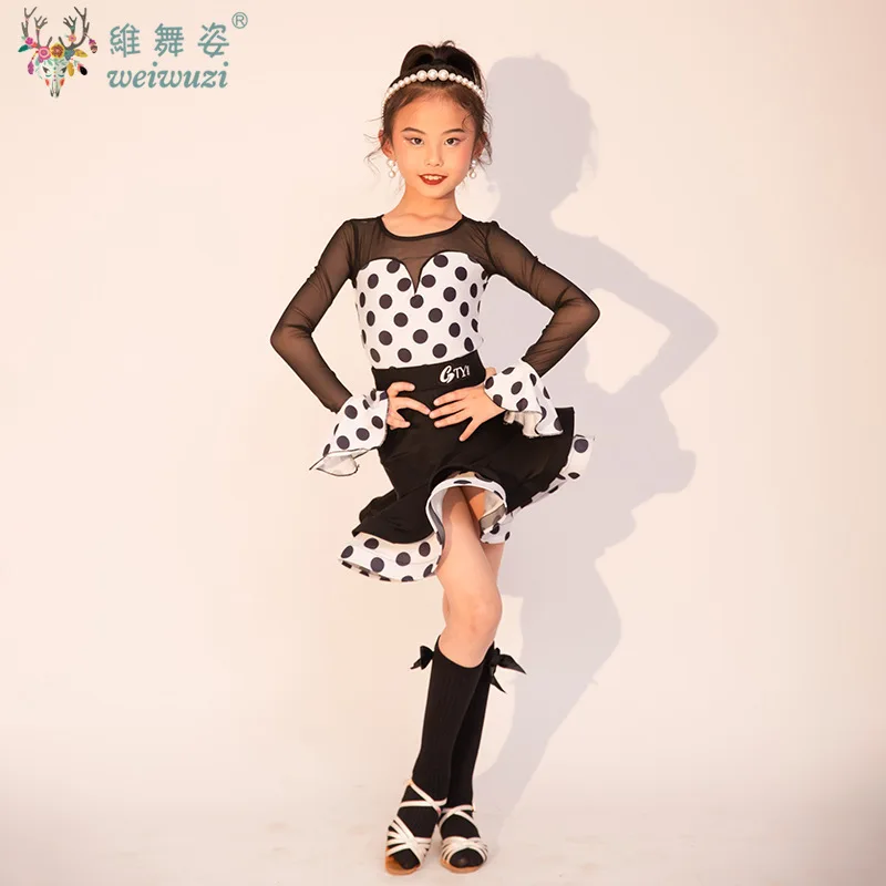 

Платье для латинских танцев Cha Rumba Tango в горошек с длинными рукавами для девочек, детская одежда для самбы и сальсы, детские бальные платья для соревнований