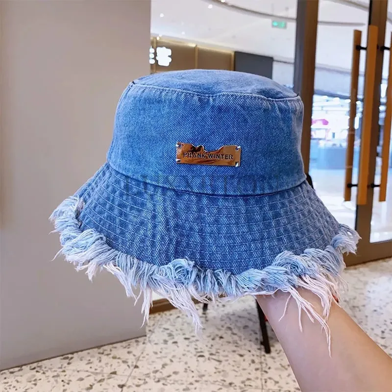 Summer Unisex Tassel Washed Denim Bucket Hats Fashion for Women Wide Brim Foldable Panama Cap Outdoor Beach Fisherman\'s Hat