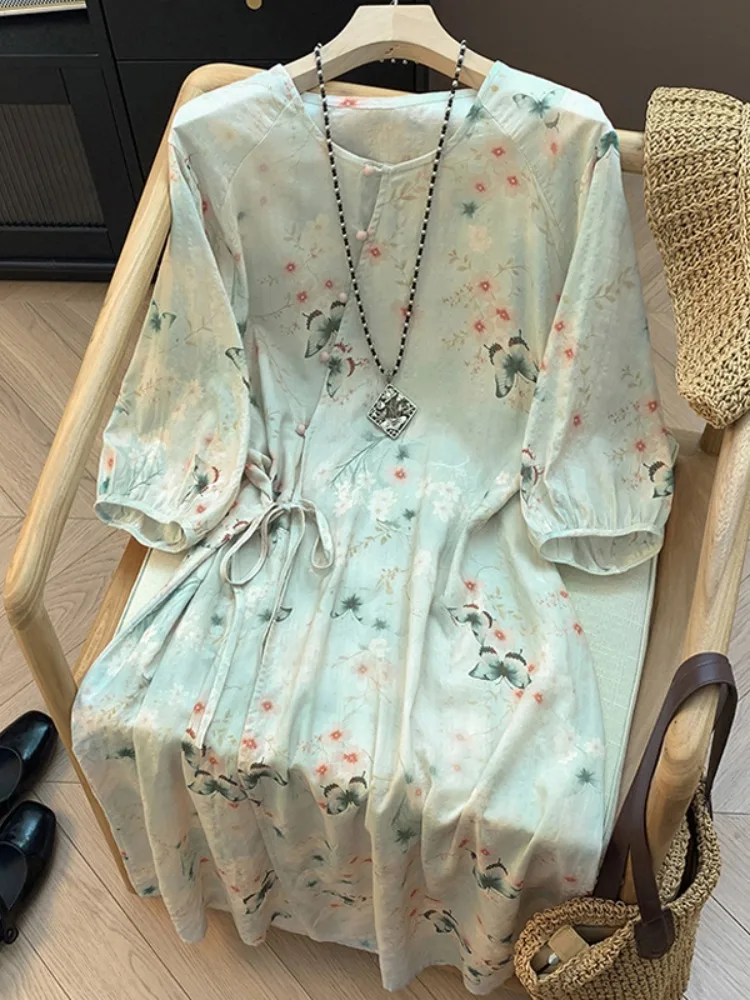 

Chinese Style Floral Print Linen Dress Women Summer Large Size Zen Slant Lapel round Neck Tea Costume Skirt Dress
