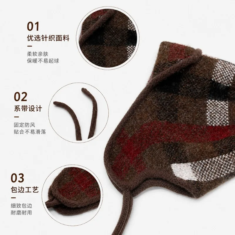 Japanische karierte Strickmütze für den Winter, zum Radfahren im Freien, warm und winddicht, mit Schnürung und Plüschfutter, Bombermütze für Männer und Frauen – Detail 11