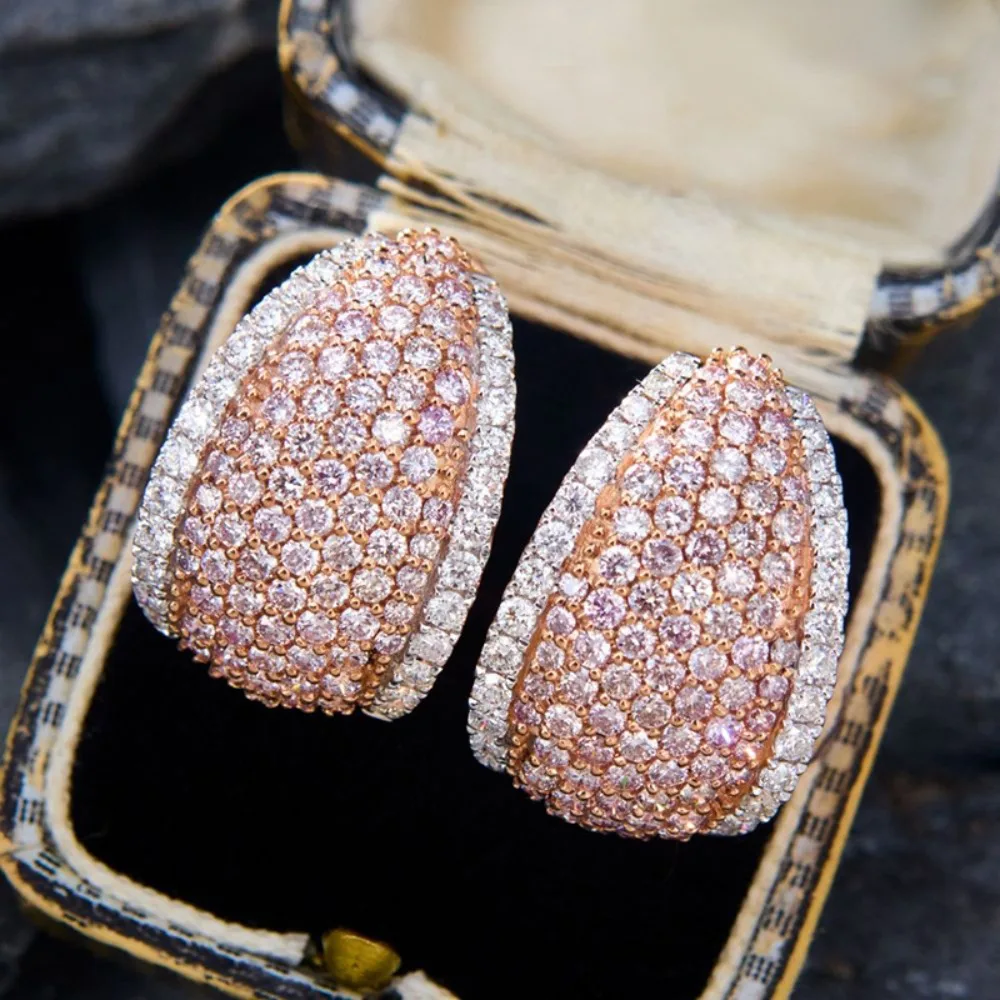 Luxury Two‑Tone Rose Gold Full 5A Zircon Hoop Earrings for Women Micro‑Pave Geometry Click‑Top Ear Buckle Earrings Party Jewelry