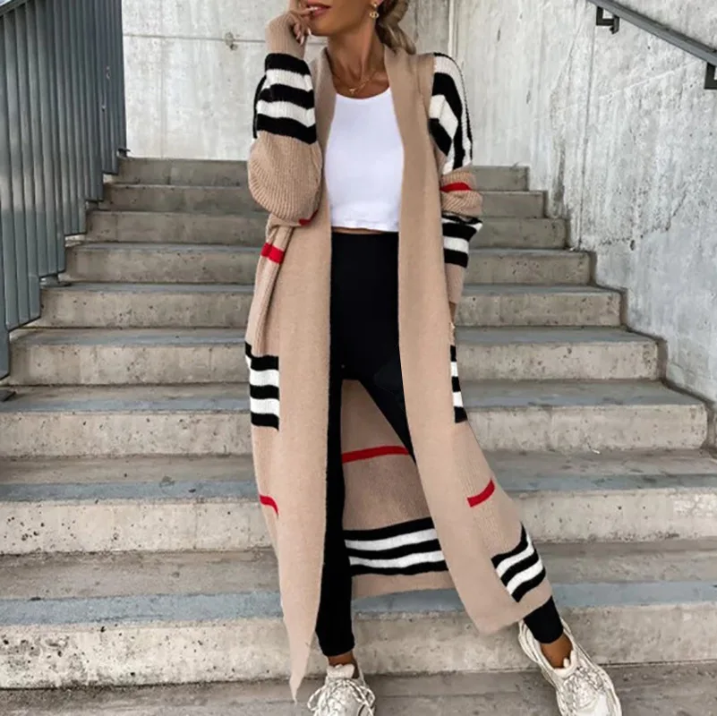 Autumn Winter Women Stripe Sweater Cardigan Solid Color Long Sleeve Casual 2023 Streetwear Sexy Knitting Open Long Sweater Tops