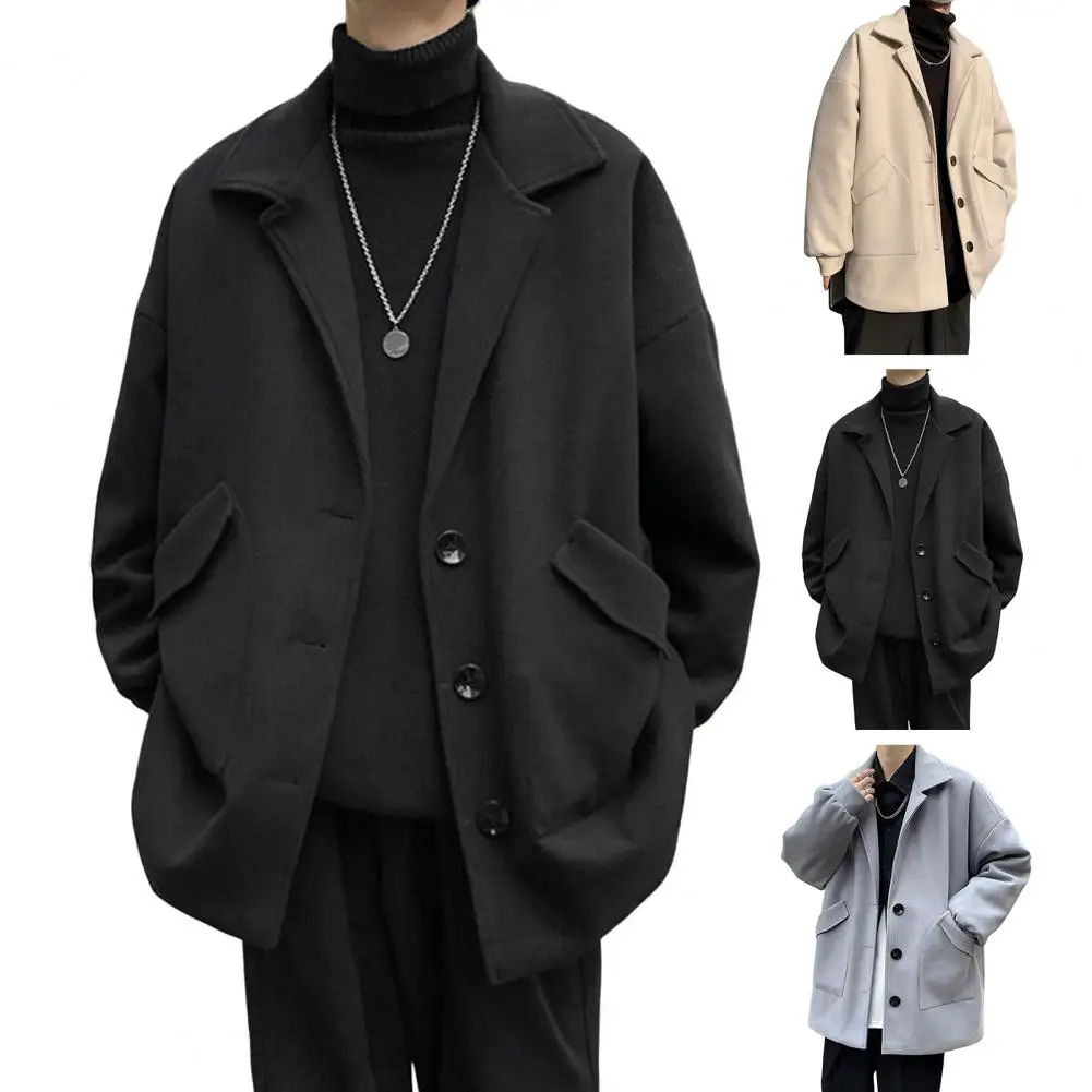 

Lapel Men Woolen Coat with Pockets Long Sleeve Single Breasted Windbreaker Solid Color Loose Fit Mid-length Coat for Formal Wear