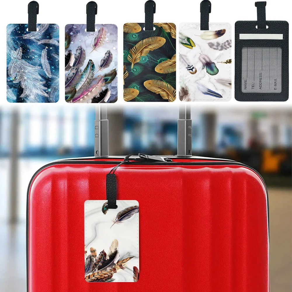 

Pu Luggage Tag Personalized Portable Luggage Boarding Pass Fashion Baggage Boarding Tag Holder ID Name Address Feather Pattern