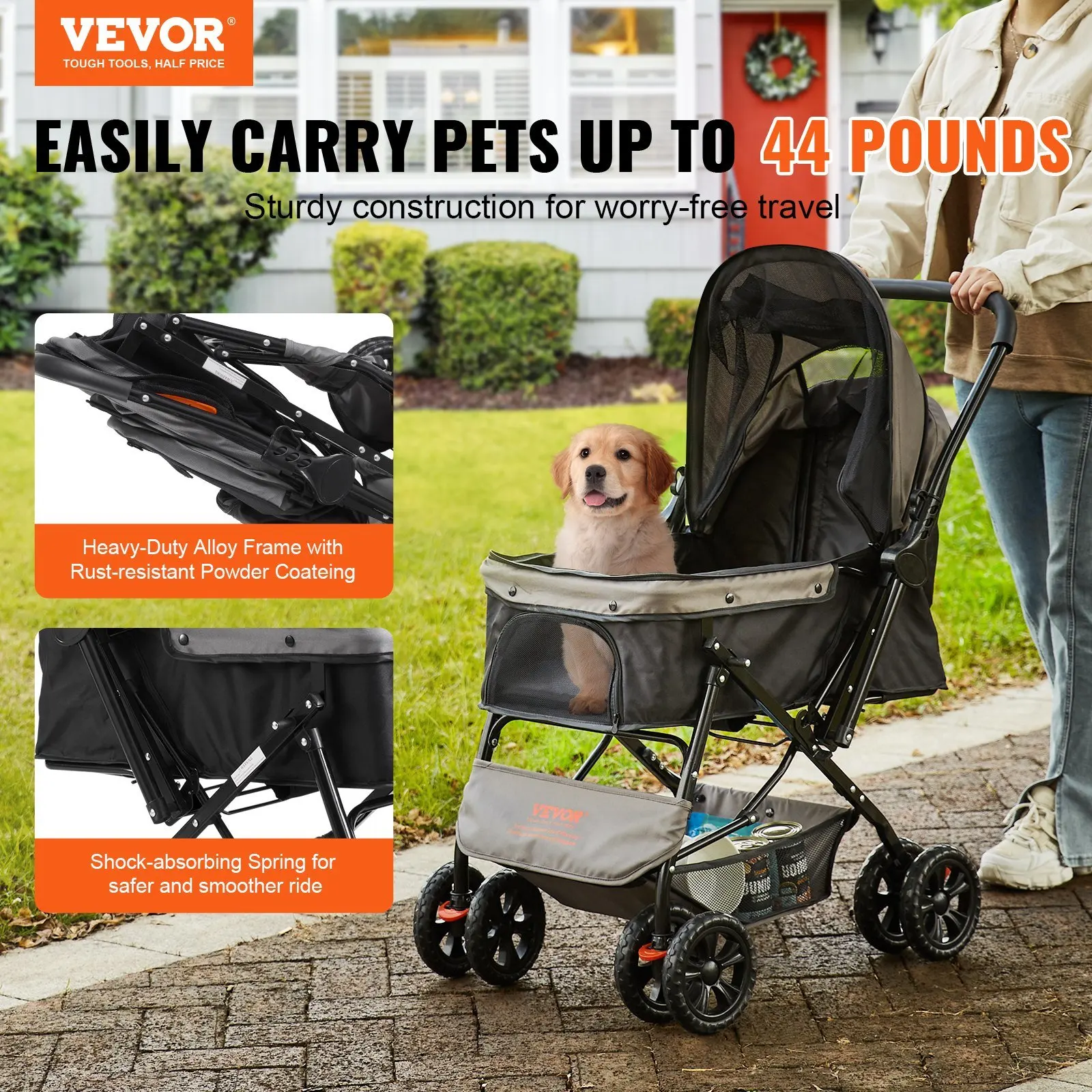 Pet Stroller, 4 Wheels Dog Stroller Rotate with Brakes, 44lbs Weight Capacity, Puppy Stroller with Reversible Handlebar, Storage