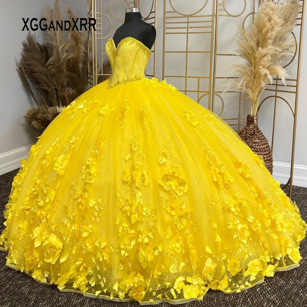 Personalizado amarelo/azul quinceanera vestidos 2025 querida 3d floral vestido de baile vestidos de 15 anos doce 16 vestido de festa de formatura