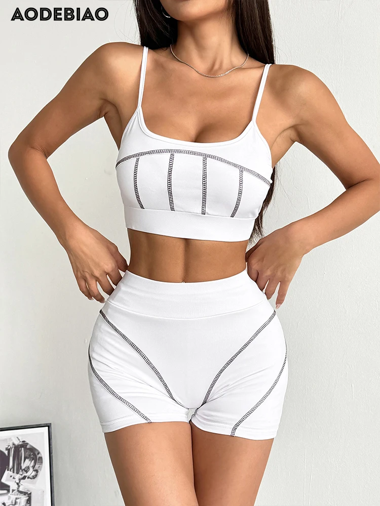 

AODEBIAO Sports Fitness Camis Adn Pants Women 2 Piece Set Summer Sleeveless Crop Top Sexy Slim Shorts Yoga Pants Two Piece Set