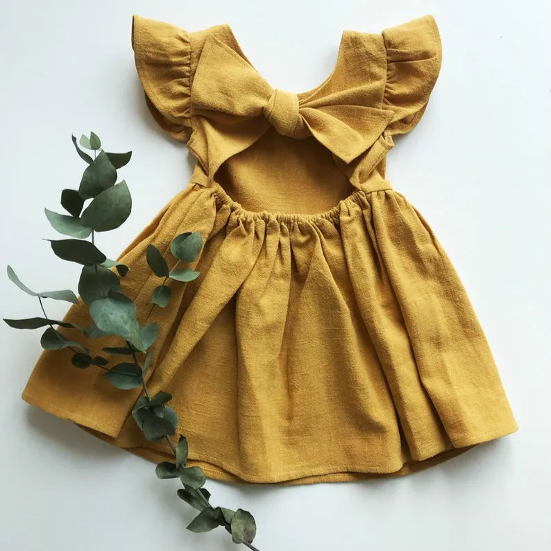 2024 Summer Infant Girls Dress Flying sleeve 100%Cotton Linen Newborn Baby Kids Princess Dress  For 9M-6Y Party Toddler Dresses