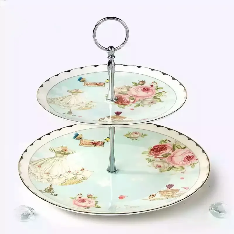 Double Layer Plate Set Romantic Rose Ceramic European Fruit Plates Household Bone China Nuts Dessert Cake Tray Tableware