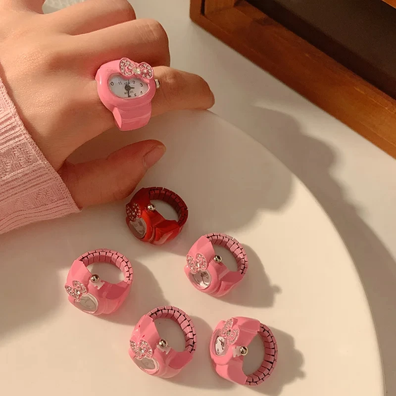 Lovely Rhinestone Bow Cat Clock Finger Ring for Women Girls Fashion Finger Adorn Accessories Punk Mini Quartz Rings 2024 New