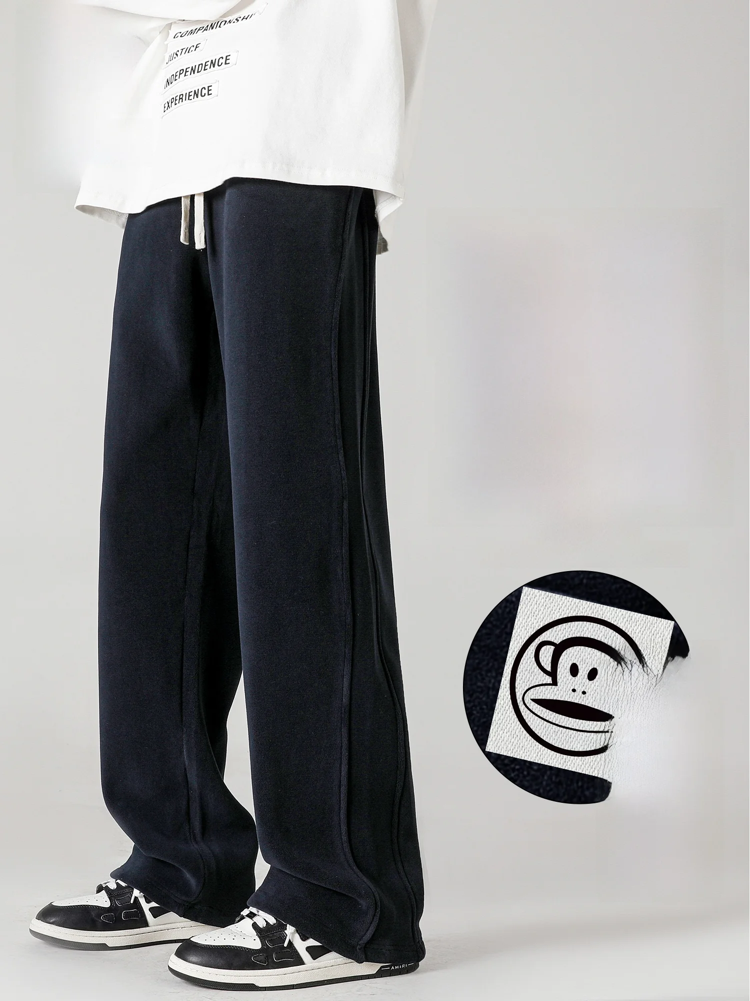 

PaulFrank Winter Thiened Casual Pants Men's Loose Straight Wide Leg Long Trousers Drapey Fce ket mid Waist Polyester ...