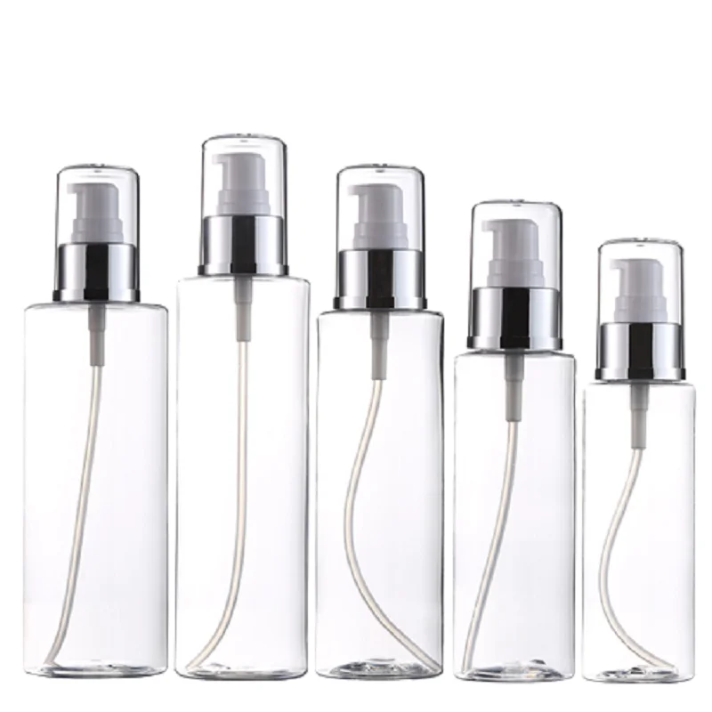 

Portable Plastic Clear Bottle Flat Shoulder PET Lotion Pump With Cover 100ml 120ml 150ml 200ml 250ml 20Pcs Packing Bottles