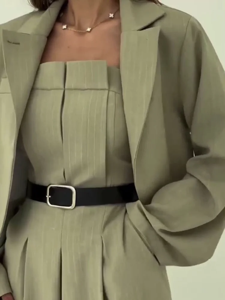 2025 Retro Gestreepte Sexy Mouwloze Jumpsuits Vrouwen Lente Herfst Casual Speelpakjes Wijde Pijpen Broek Set Dames Elegante Jas Pakken