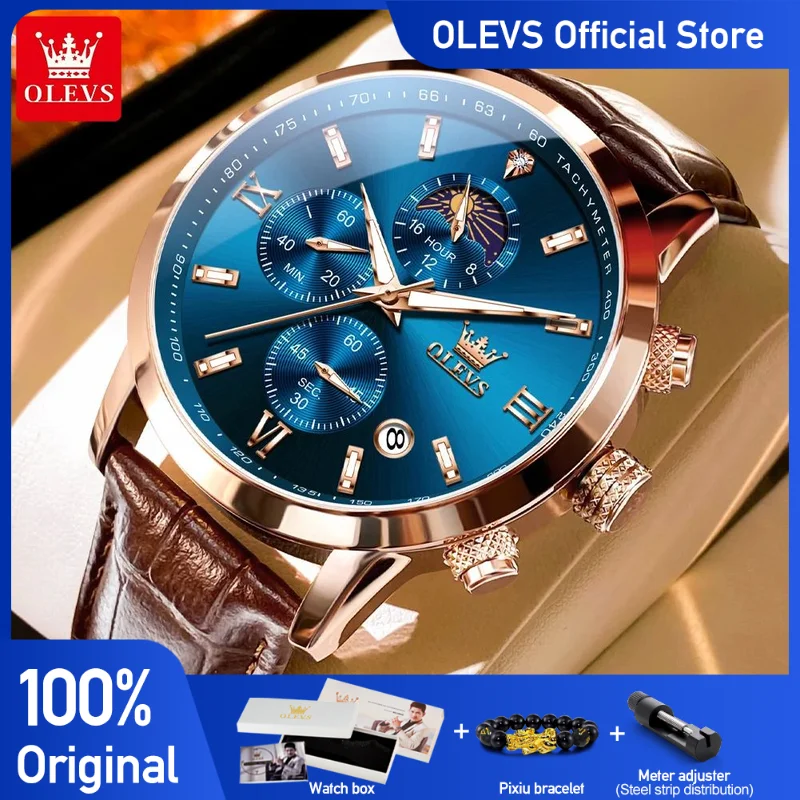 OLEVS 9812Mens Watch Original Comfortable Quartz Watch Leather Strap Waterproof Luminous Moon Phase Watch For Man Automatic Date