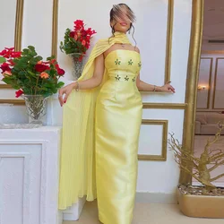 Yellow Prom Dress with Pleat Chiffon Shawl Strapless Sleeveless Stones Ankle Length Satin Party Gown Saudi Arab Evening Dresses