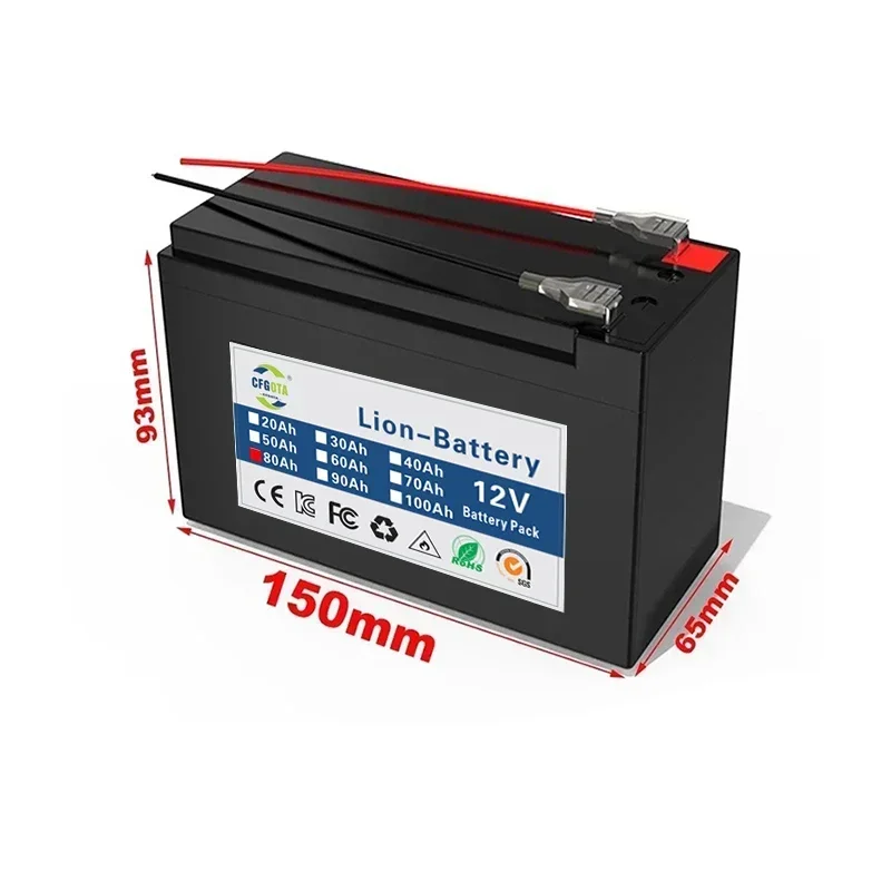 Batería de litio 18650 de 12V, 80Ah, pulverizador de 30A, batería de vehículo eléctrico BMS de alta corriente integrada, cargador de 12,6 V y 3A