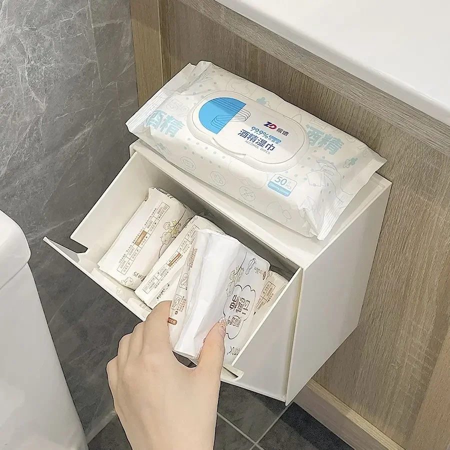 Wall Mounted Square Storage Box, Household Half Lift Lid, Miscellaneous Storage, Bathroom Tissue, Mobile Phone, Garbage Bag, Dus