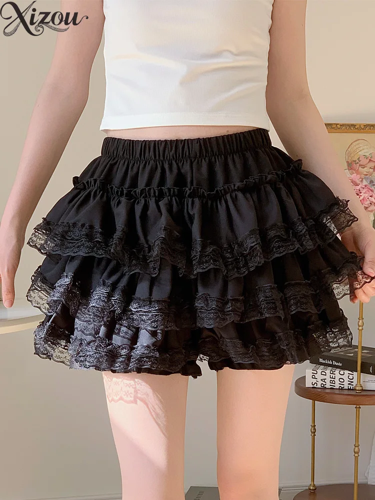 

2025 Black Lace Skirt Women Summer High-waisted Slim A-shaped Puffy Cake Elastic Gothic Tutu Mesh Sexy Mini Sweet Korean Cmmute