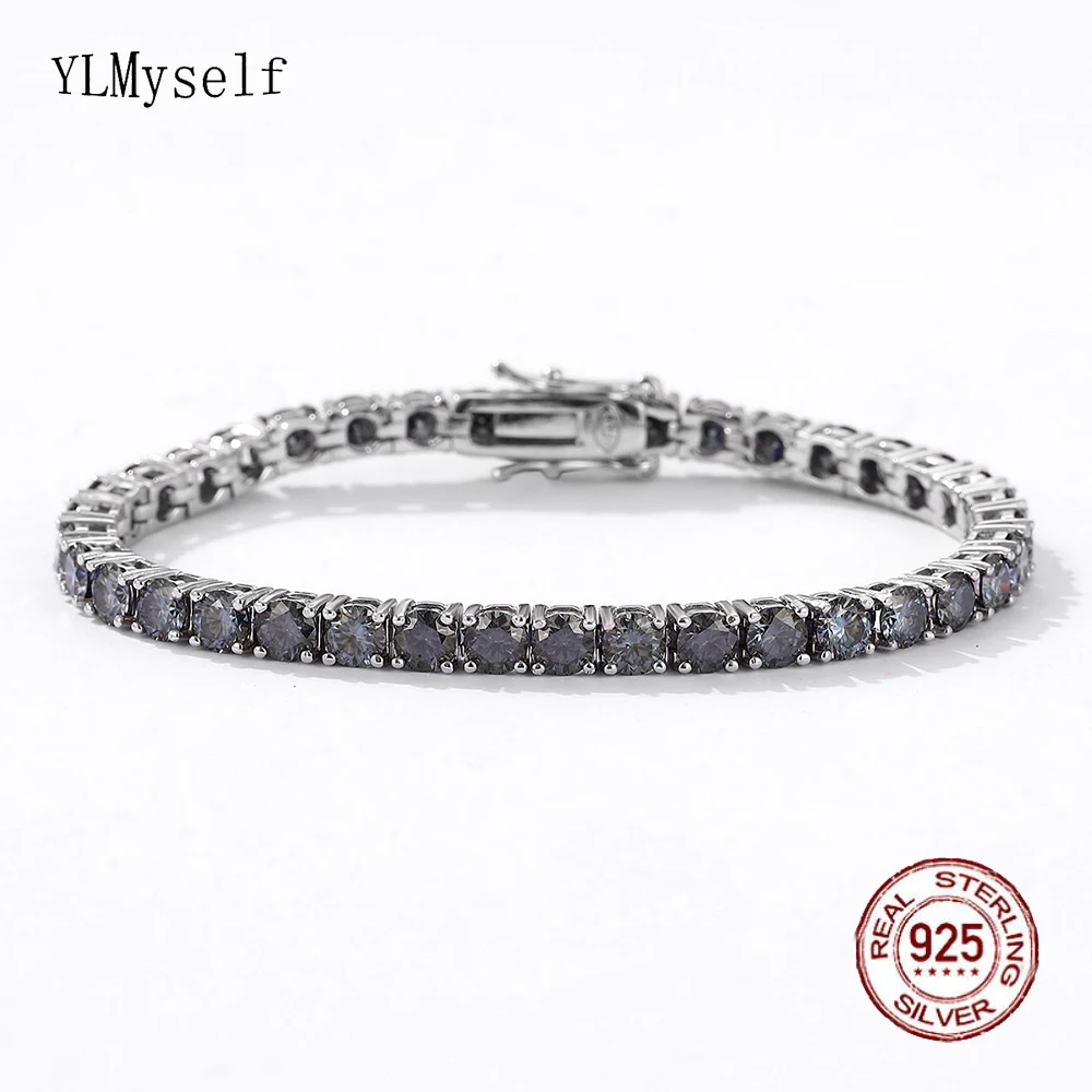 

14-23cm Real Solid 925 Silver Tennis Bracelet Pave 3/4/5/6.5 mm Grey Moissanite Diamond Fine Jewelry for Women/Men