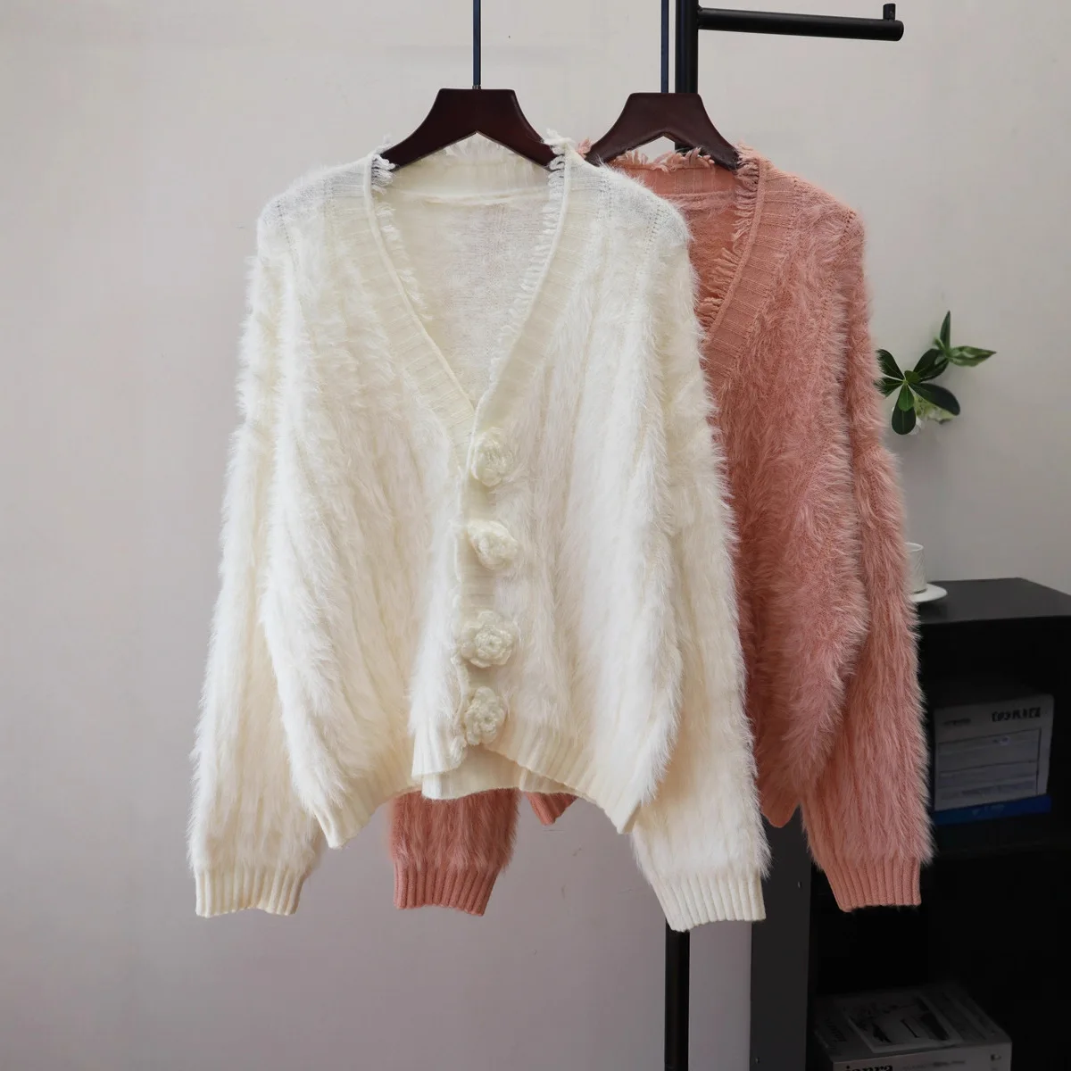 

Knitted Women Cardigan Sweater Faux Mink Fur Jumper 3D Floral V Neck Long Sleeve Single Breasted Loose Casual 2025 Autumn Winter