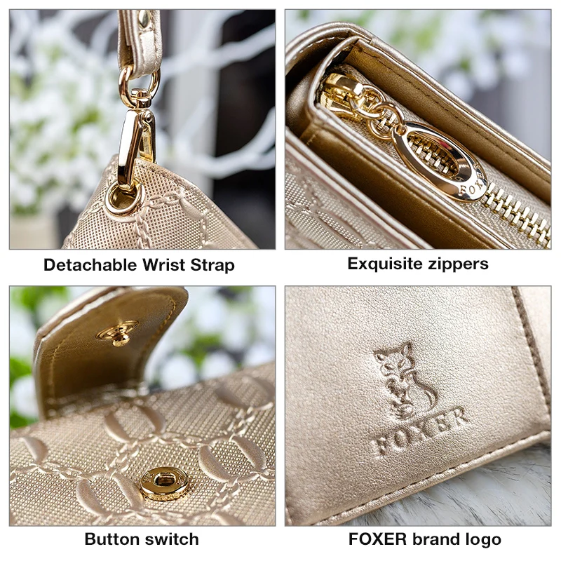 FOXER Split Leather Women\'s Long Wallet Embossed Pattern Phone Purse Lady Multi-Card Holder Clutch Purse with Wrist Strap