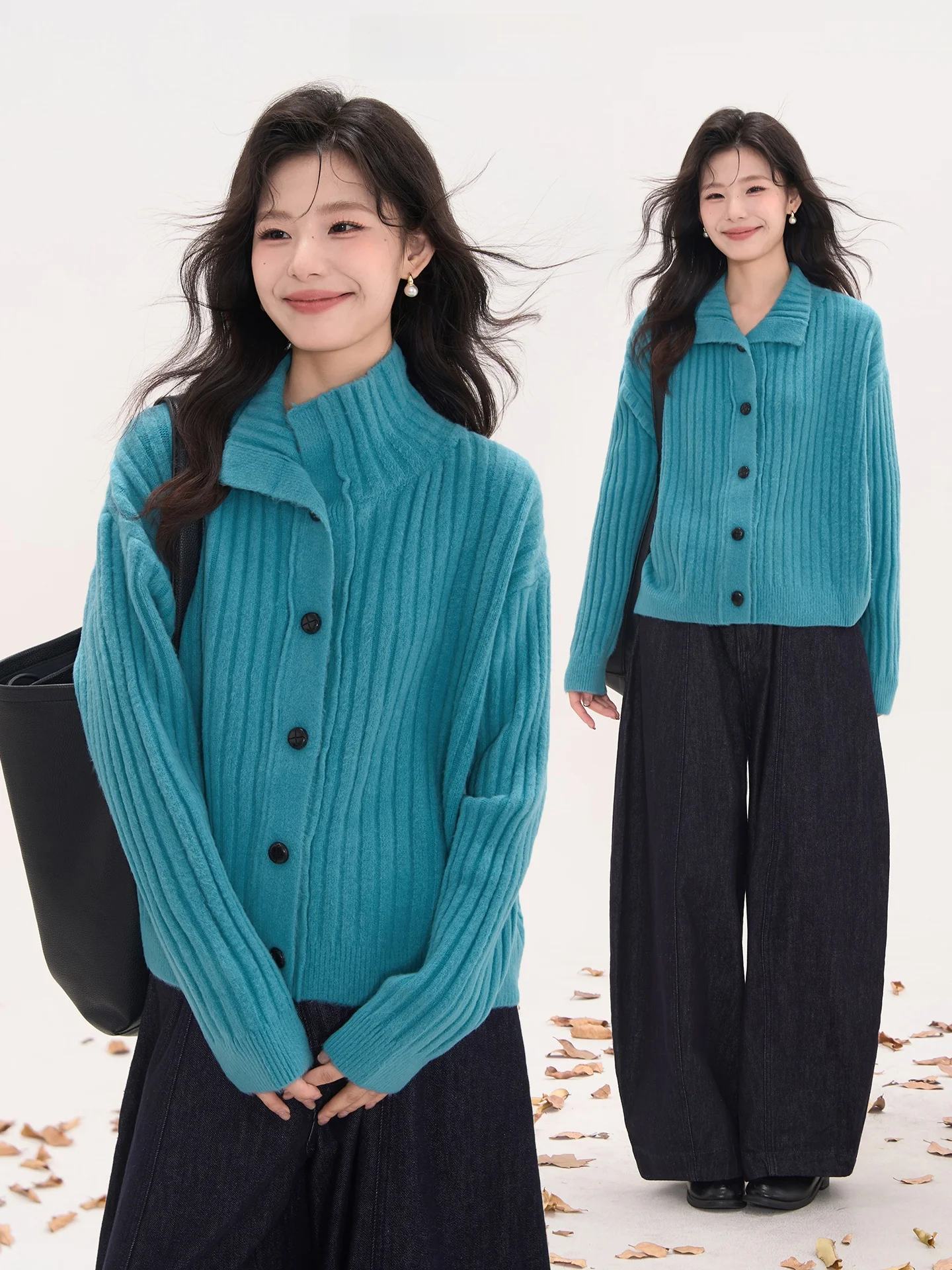 

Heme Window Floral Field High Collar Sweater Women Soft Cozy Striped Vintage Beautiful Knitted Cardigan Outerwear Top