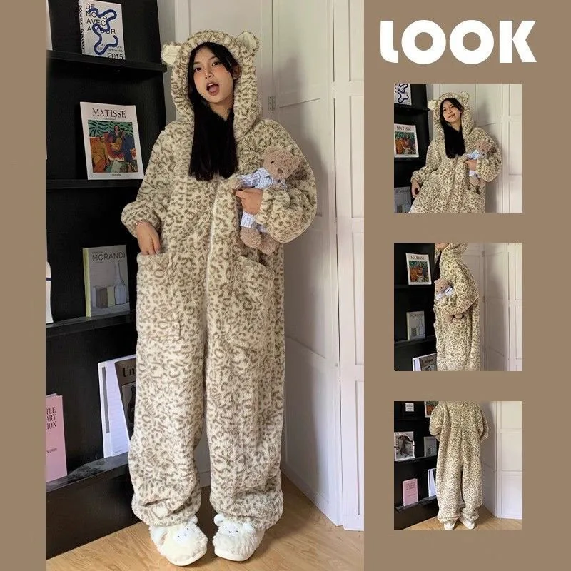 

Coral Velvet Cartoon Leopard Print One-piece Pajamas Female Autumn Winter Padded Thickened Cute Hooded Women Homewear Clothes