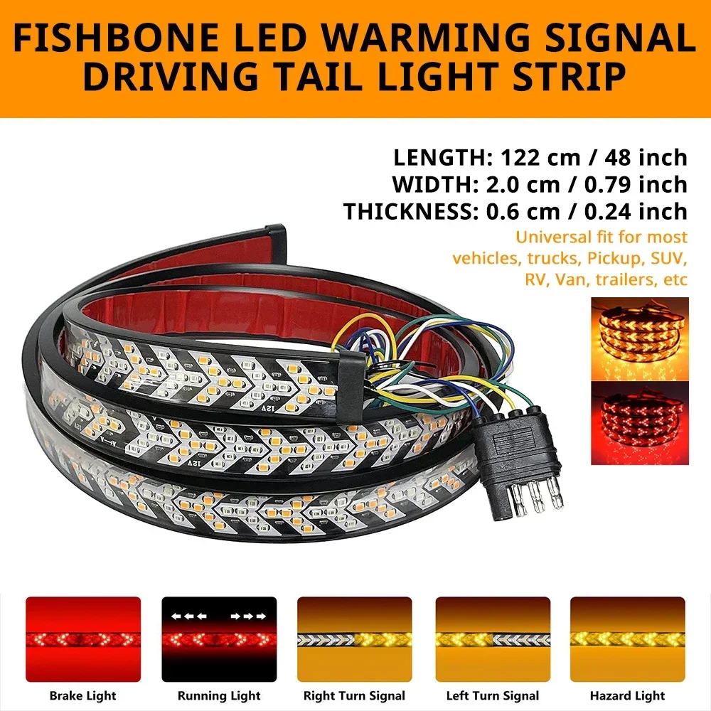 48/60 Inch LED Pickup Tailgate Light Bar Fishbone Sequential Turn Signal Brake & Reverse Light Strip 12V Truck Rear Lights