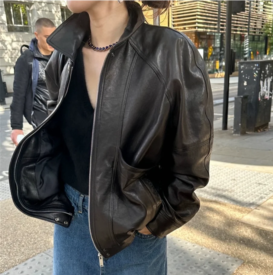 opaco Bla Pelle Jaet Colletto retrò Versatile All-Match Sle Long Sve Commute Faion Cappotto da donna Capispalla