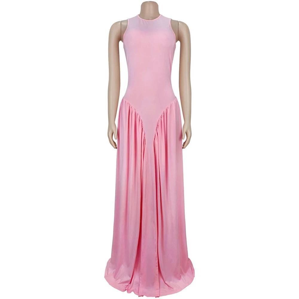 Modische Damenkleider Elegantes Ärmelloses Maxikleid mit Rundhalsausschnitt, Fließendem Stoff und Raffungen für Sommer 2026, Hochzeitsgäste und Urlaub – Detail 7
