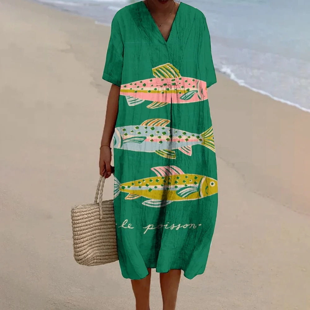 Зеленое однотонное повседневное женское платье с свободным V-образным вырезом и сардиным узором. Комплект рыбацкой одежды. Платье для девочек на вечеринку. Зеленое однотонное повседневное женское платье с свободным V-образным вырезом и сардиным узором. Комплект рыбацкой одежды. Платье для девочек на вечеринку.