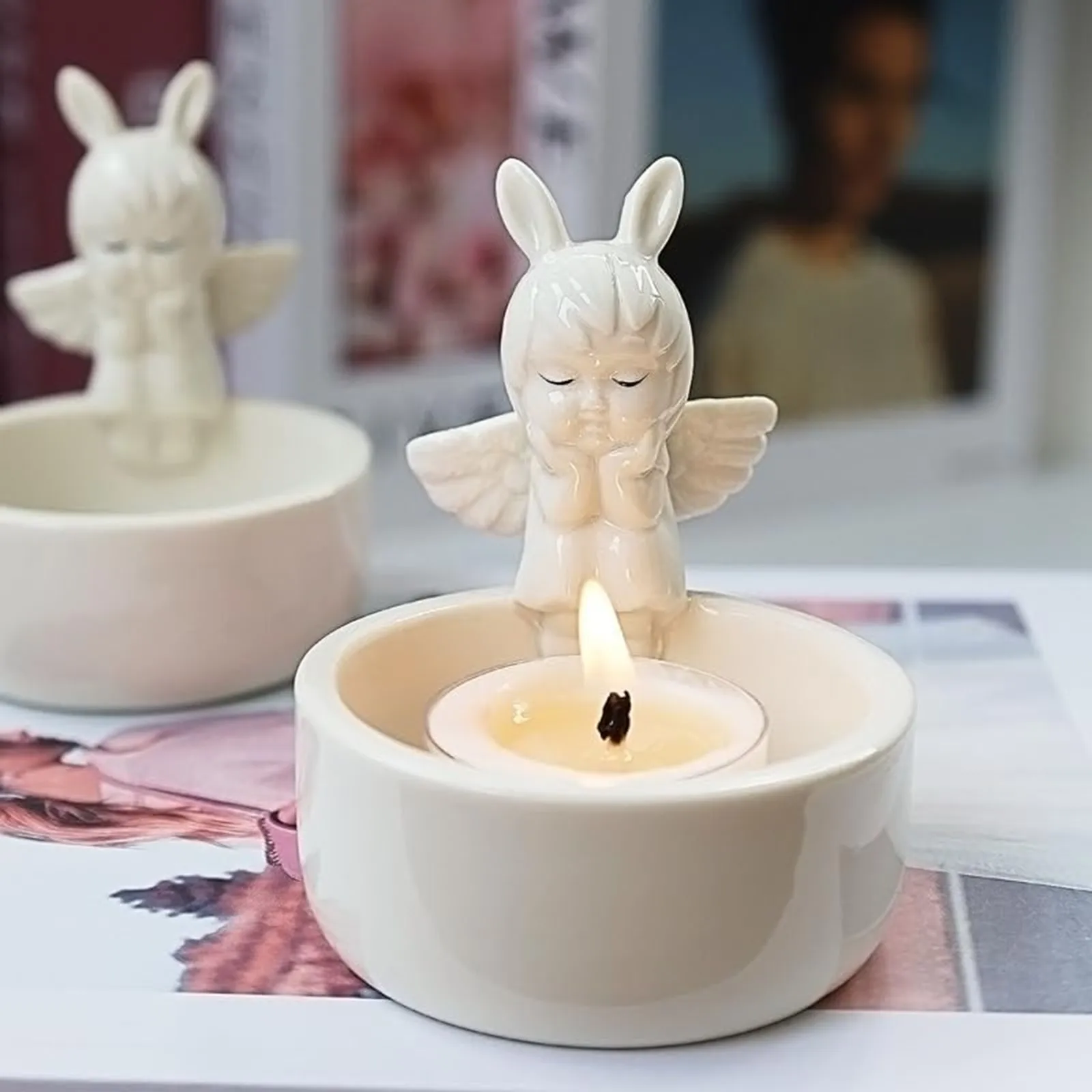 Creative Animal Ceramics Candle Holder Cartoon Rabbit Fox Angel Trim Candlestick Bowl-shape Tealight Candle Holder Home Decor