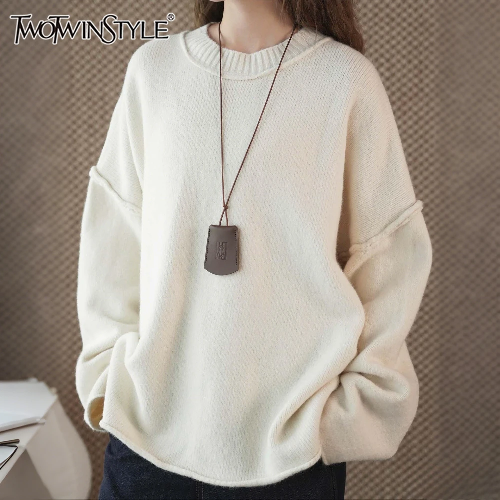 

TWOTWINSTYLE Solid Spliced Folds Chic Sweater Female O Neck Long Sleeve Loose Korean Minimalist Women's Sweaters Autumn Fashion