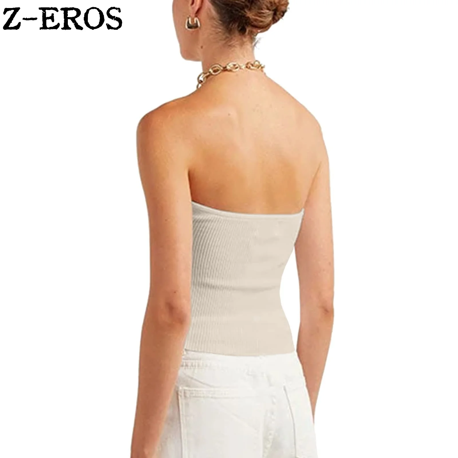 Z-EROS Women Summer Vintage Solid Corset Sling Short Tight Backless Bra Knitted Tank Top Strapless Pullover Bustier Tube Clothes