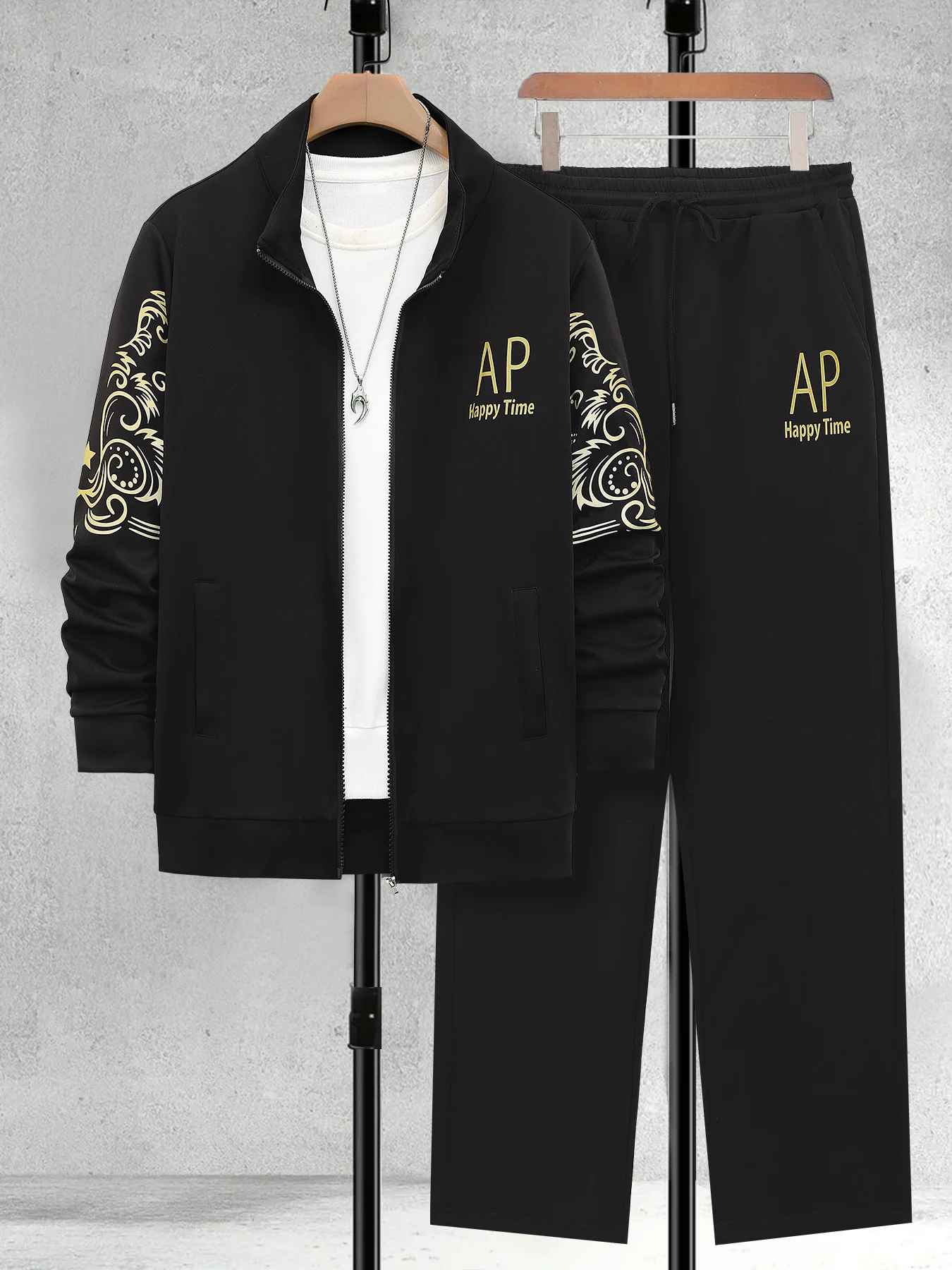 

Trendy Black & Gold Totem Print Set Men Spring Fall Stand Collar Zip up Sweatshirt & Jogger Pants 2 Piece Streetwear