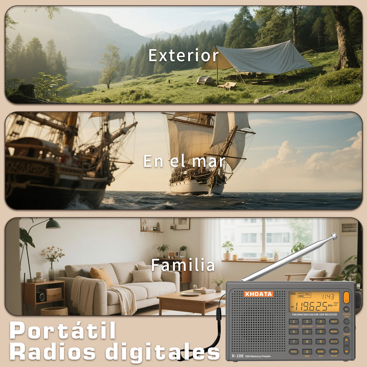 XHDATA R108 Digital Portable Radio AM FM Stereo Shortwave LW Air Band Multiband Receiver with Alarm Clock Display Speaker
