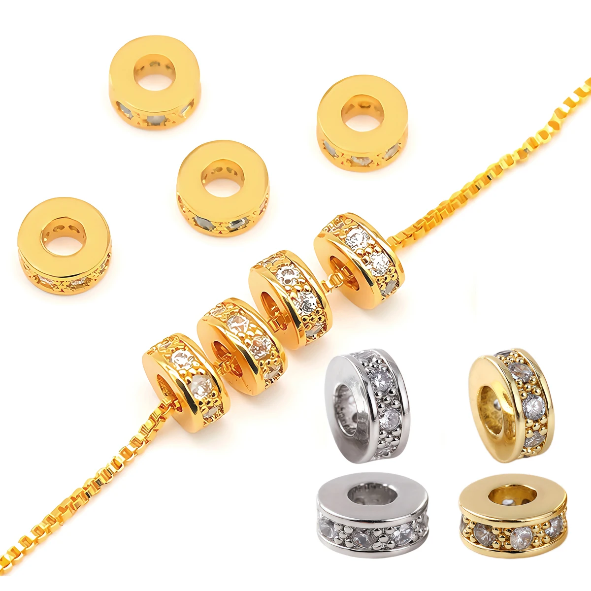 3Pcs Brass Paved Zircon Spacer Bead Rhinestone Loose Bead for DIY Charms Necklace Bracelet Jewelry Making Accessories 4/6/8/10mm