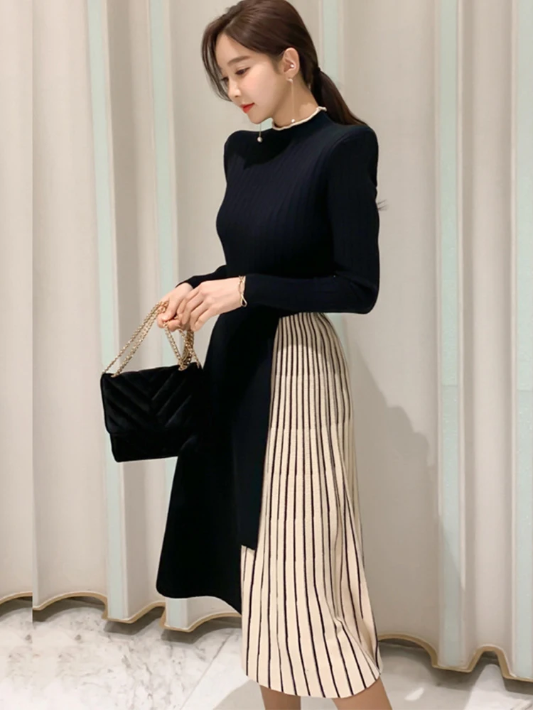 Autumn Winter Elegant Women Midi Dress Lady Vintage Casual Chic Knitted Black Stretchy Belt Pleated Street Robe Femme Vestidos