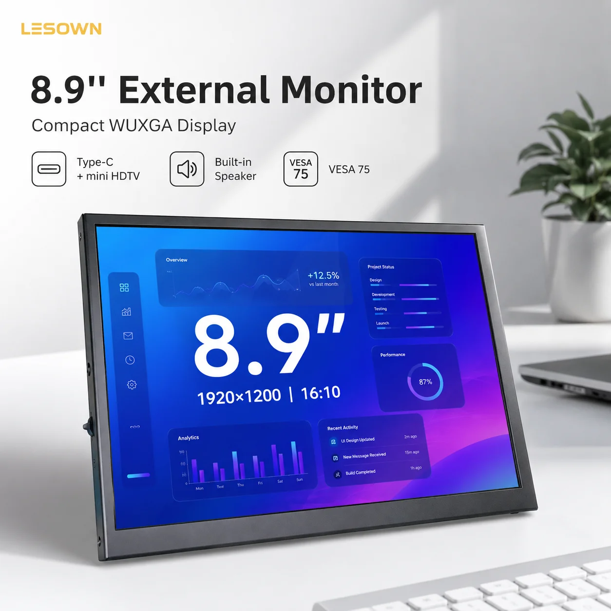 LESOWN Portable 8.9" Screen HDTV Monitor Driver-free Plug and Play for Student Laptop Extension Easy Solution