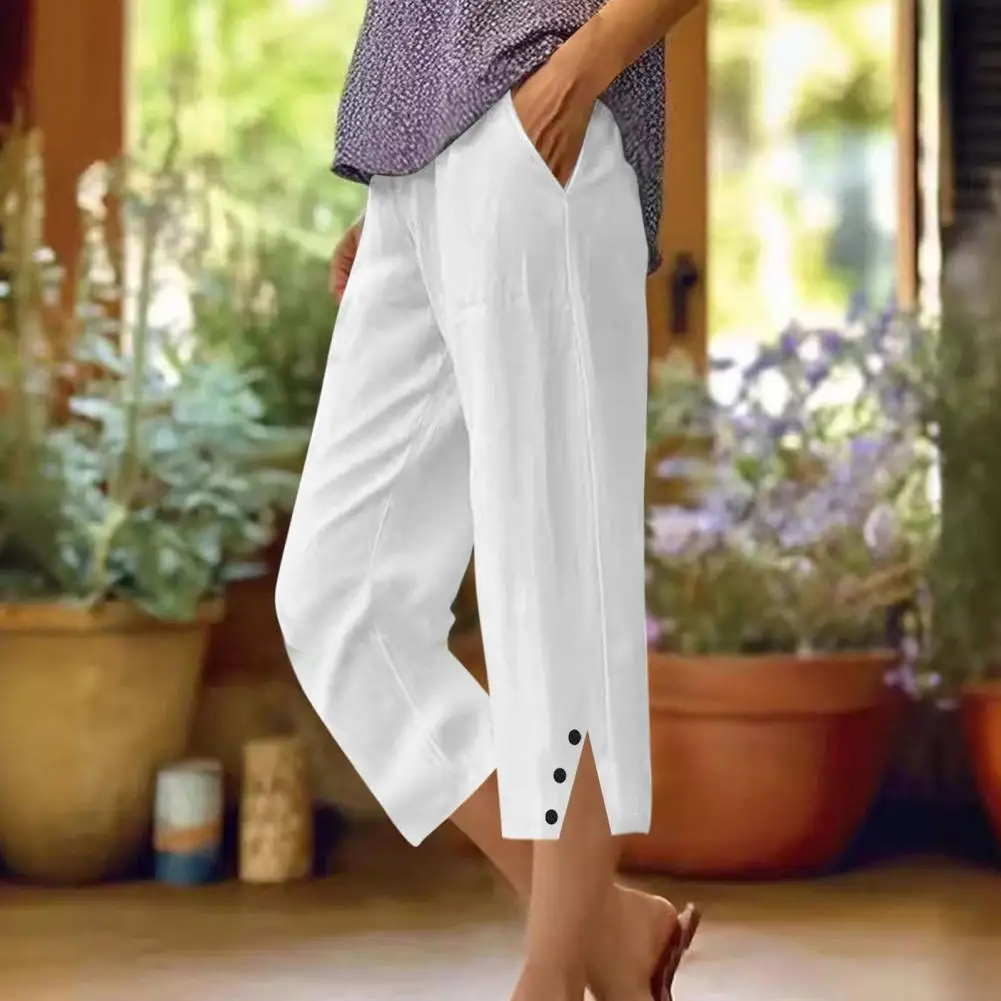 

Женские укороченные брюки 2026 с эластичным поясом, широкие штанины, пляжные, однотонные, повседневные, свободные, прямые, широкие брюки-палаццо, повседневные брюки, 80% хлопок