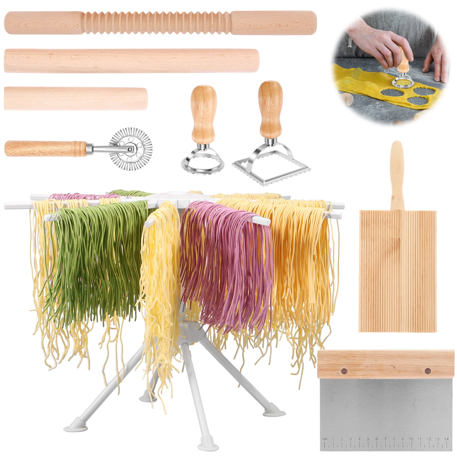 

Набор из 9 предметов для изготовления деревянных макарон с 3 качающимися штифтами 1 сушилка 1 доска для гвинчи 1 резак для теста 1 резак для равиоли 2 штампа для макарон