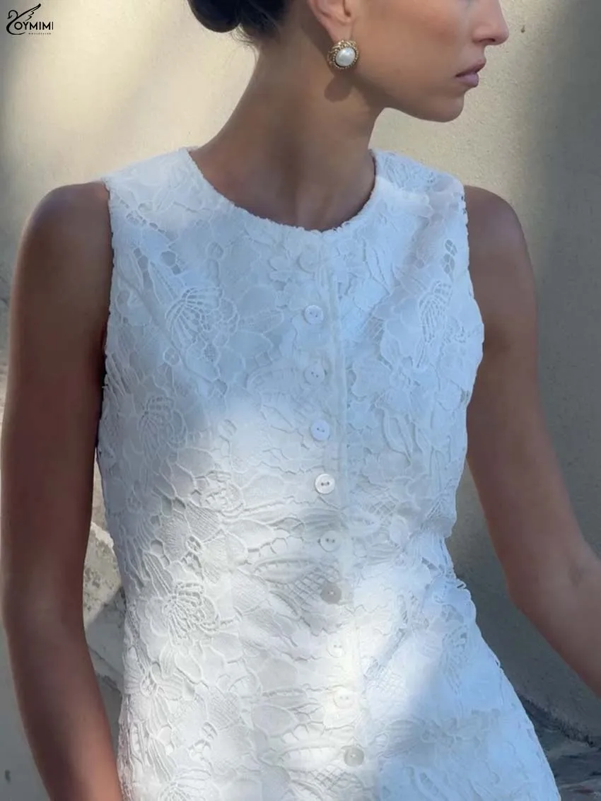 Oymimi Fashion White Lace Blouses For Women Elegant O-Neck Sleeveless Single Breasted Blouses Casual Solid Slim Shirts Female