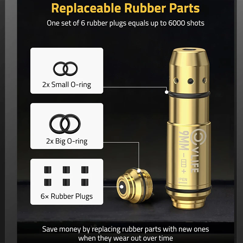 Laser Training Cartridge 9MM Bore Sight Dual Purpose with 9 Batteries With Extra Back Cap Box Rubber Plugs Dry Fire Bullet