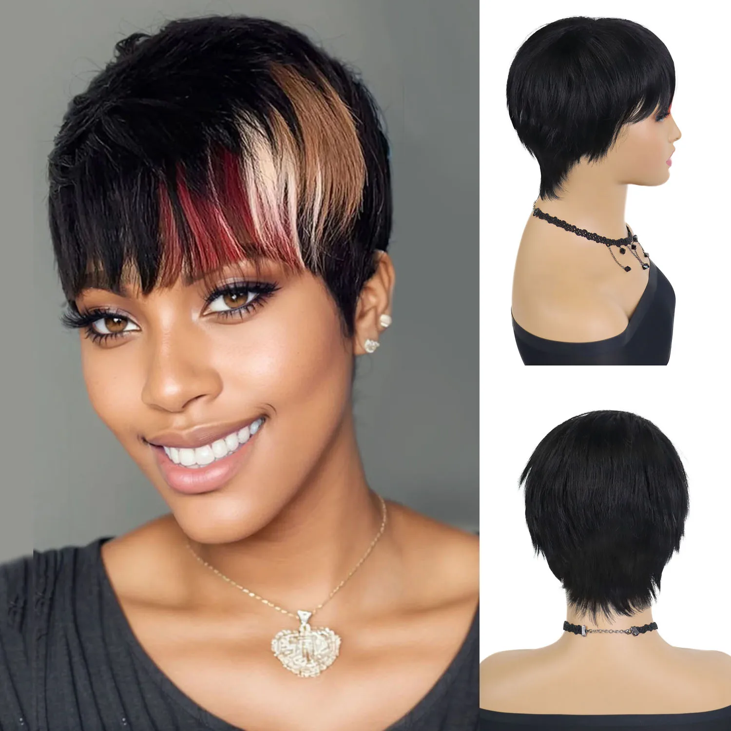 

Synthetic Black Mixed Blonde and Red Wigs for Women Lady Short Multicolor Pixie Cut Wig with Bangs Brazilian Wig Daily Cosplay