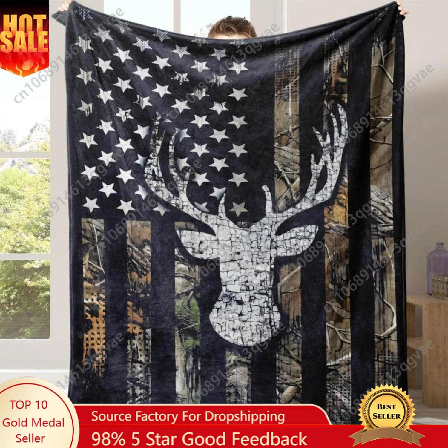 

Flag & Deer Head Pattern Flannel Blanket 1 Count Soft Comfortable Warm Throw Cool Bedroom Bedding Blankets for Home Office